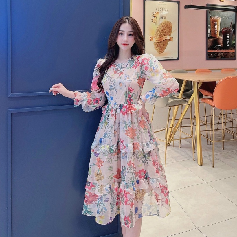 Đầm xòe tầng cách điệu LAMINU thiết kế, váy tiểu thư dài tay, chất tơ mỏng nhẹ 2 lớp