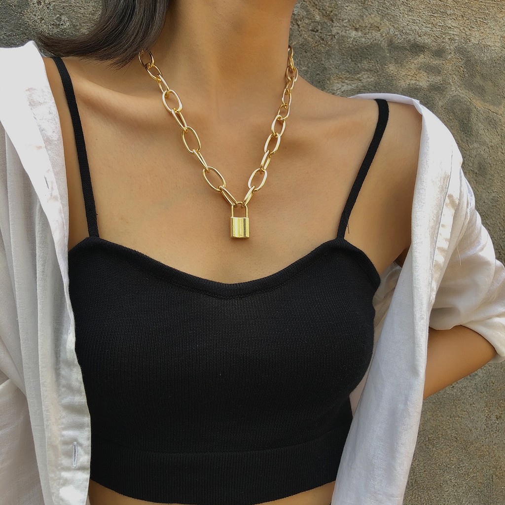 Vòng Cổ Choker Mặt Ổ Khóa Màu Bạc/ Vàng Phong Cách Hàn Quốc