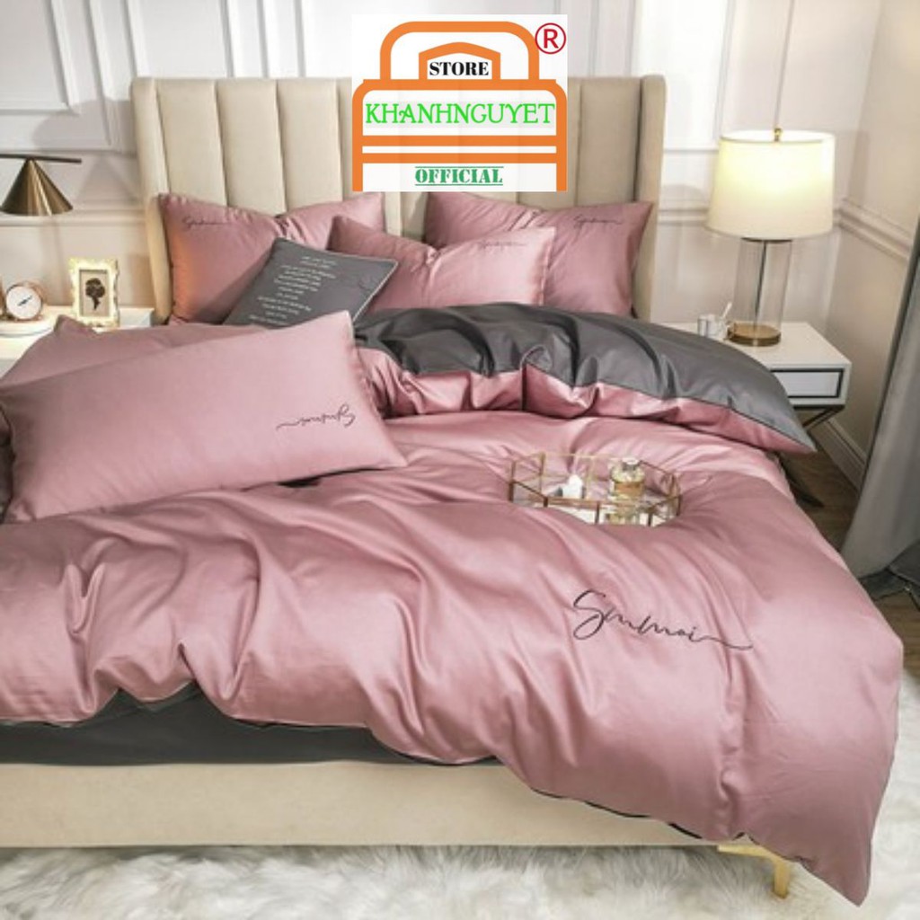 Bộ Chăn Ga Gối Lụa Tencel Sumoi 60s Đơn Sắc Cao Cấp - Hồng phối ghi