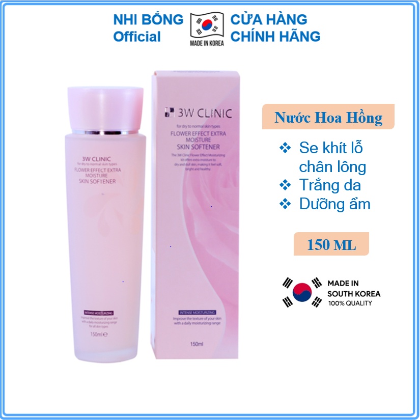 Nước hoa hồng dưỡng trắng da dưỡng ẩm se khít lỗ chân lông chiết xuất từ hoa hồng 3W Clinic 150ml