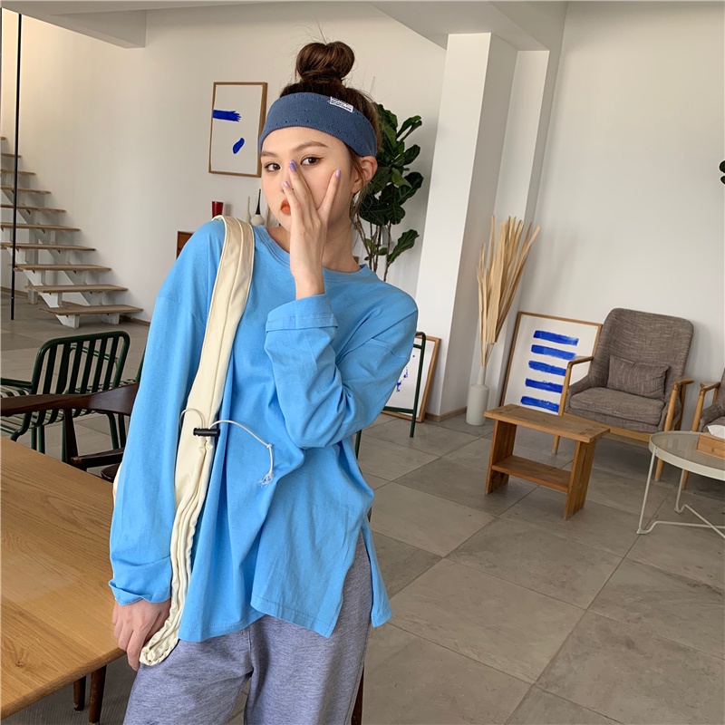 Áo thun tay dài cổ tròn màu trơn thiết kế xẻ tà đơn giản thời trang