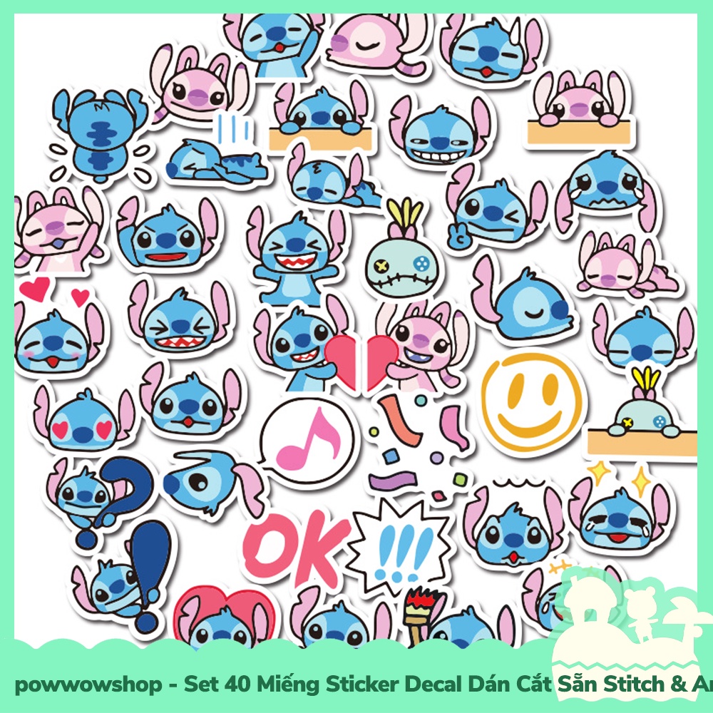 [Sẵn VN - Hỏa Tốc] Set 40 Miếng Sticker Decal Cắt Sẵn DIY Dán Trang Trí Vật Dụng Mẫu NV Hoạt Hình Stitch &amp; Angel Love S