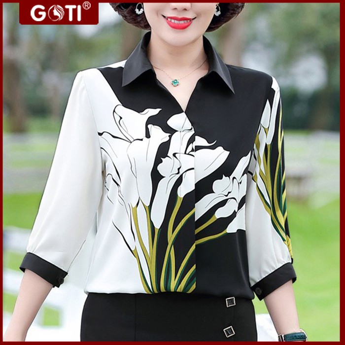 GOTI - Áo Trung Niên Nữ Che Bụng Dạng Dài Tay Lỡ Cao Cấp Vải Lụa Mềm Mát Cổ Bẻ Có BigSize 3A26 3A27 3A28 3A29