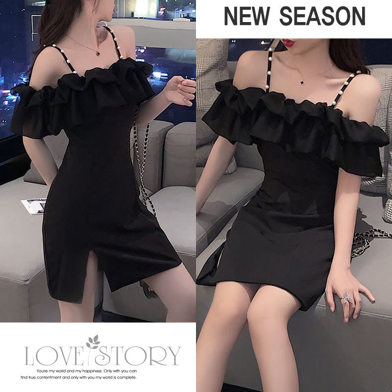 Đầm Ngắn Trễ Vai Phối Bèo Đính Ngọc Trai Phong Cách Hàn Quốc Thời Trang Mùa Hè Cho Nữ (2 Màu)