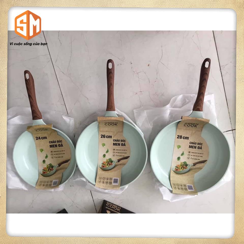 Chảo Chống Dính Đáy Từ Đúc Men Đá Ceramic Xanh Ngọc Green Cook GCP06 size 20-24-26cm công nghệ Hàn Quốc