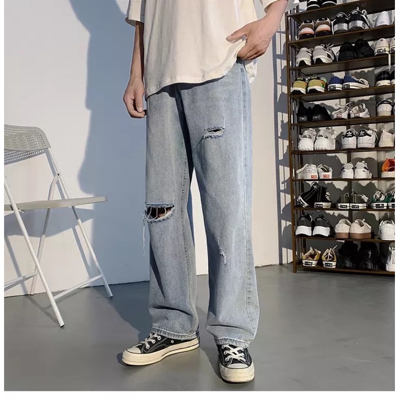 QUẦN BAGGY JEANS ỐNG RỘNG RÁCH DÁNG ĐỨNG PHONG CÁCH HÀN QUỐC-QJR022-THỜI TRANG UNISEX-Dể phối đồ rách gói màu xanh bạc