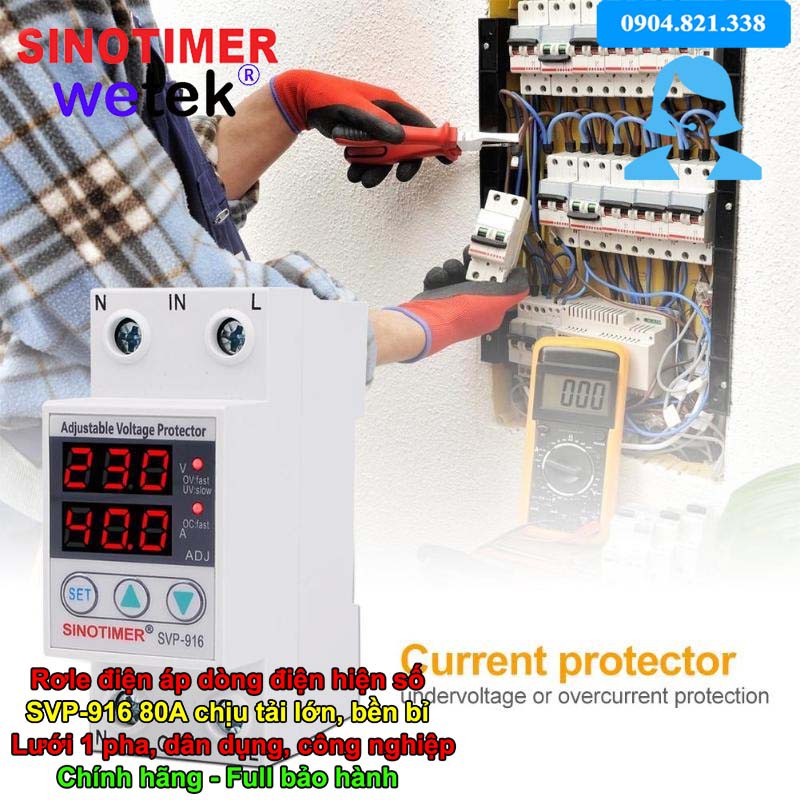 SVP-916 80A  At bảo vệ điện áp dòng điện hiện số LED, Sinotimer, chịu tải siêu lớn 80A, cao thấp áp, mất trung tính...