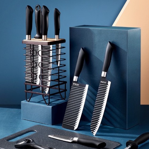 Dao inox cắt thịt cá rau củ trái cây tiện dụng chống dính màu đen lượn sóng thép không gỉ