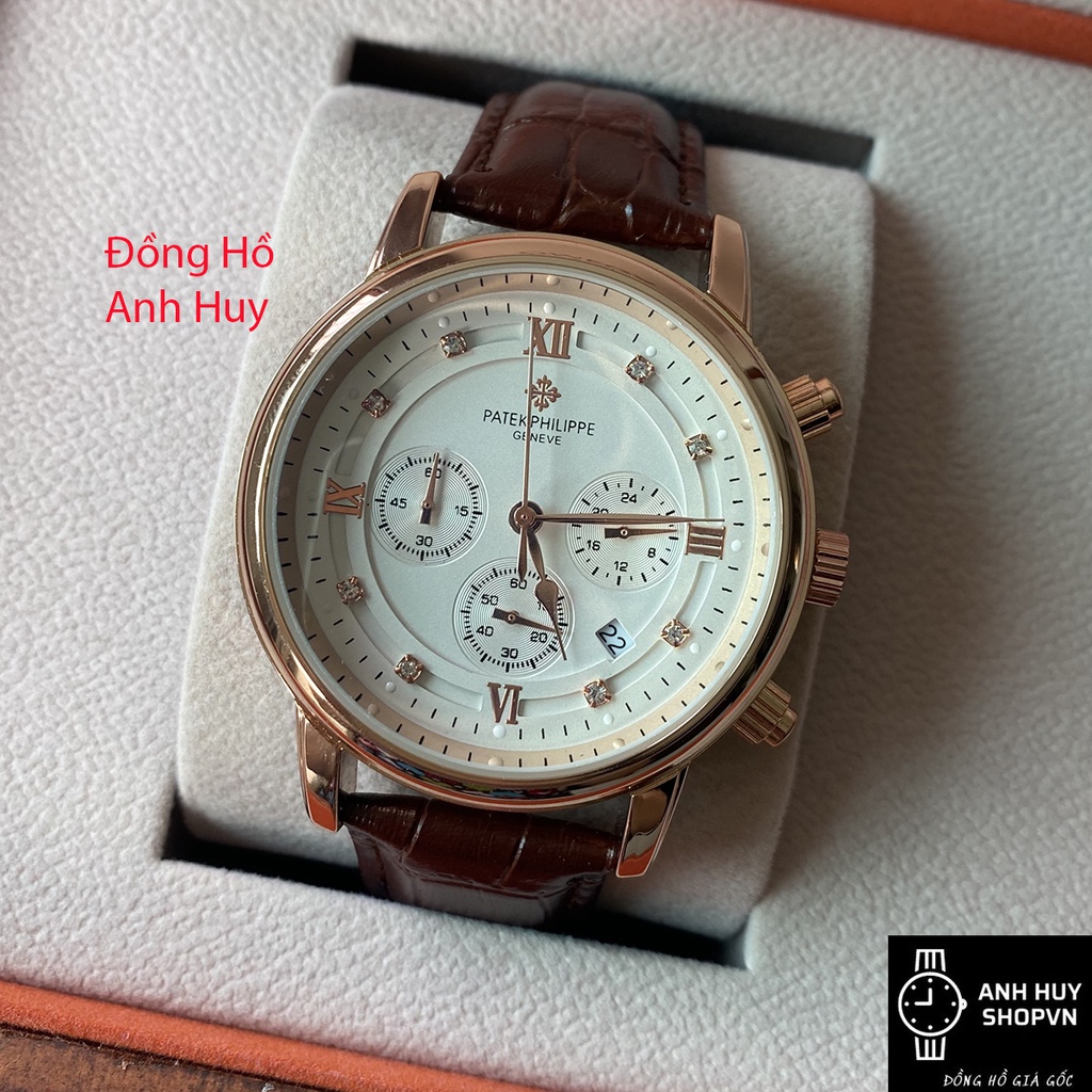 Đồng Hồ Nam PATEK.PHILIP 6 kim Dây Da Nâu Mặt tròn vàng kính sapphire chống xước - Đồng hồ đeo tay thể thao