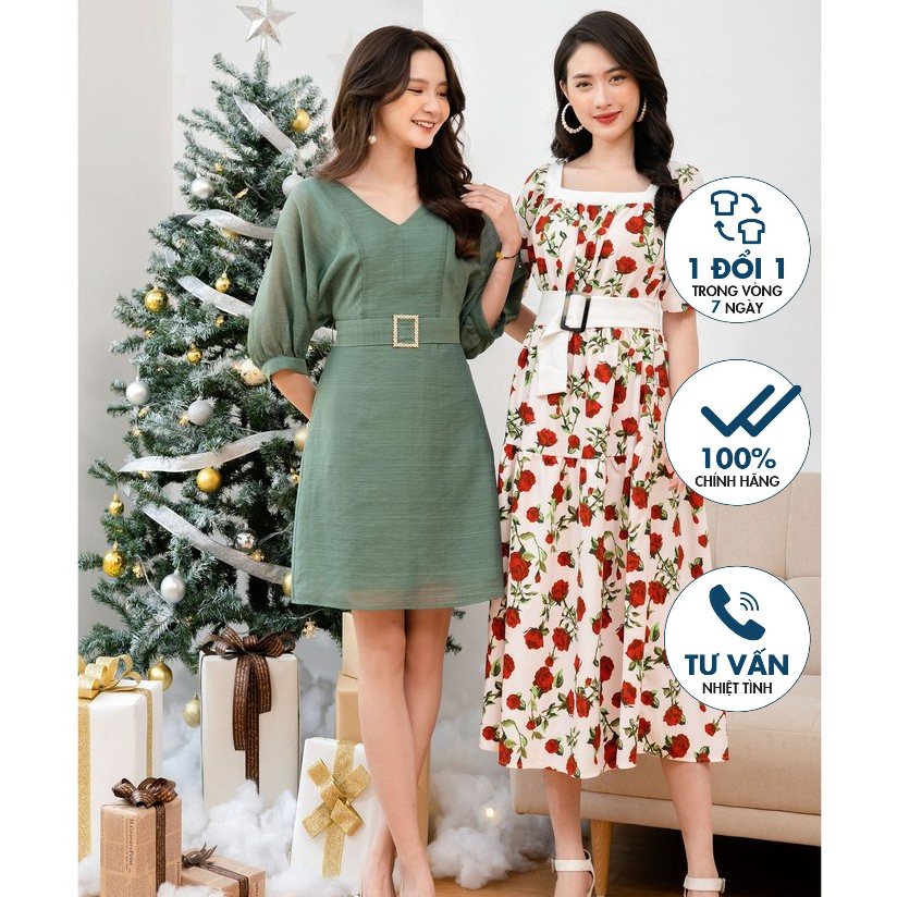 Đầm xòe, cổ vuông đai eo rời Emspo DM3935