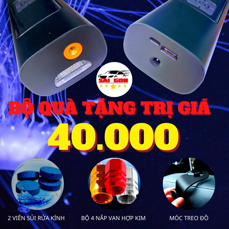 Máy bơm lốp ô tô mini đa năng không dây nhỏ gọn, bơm xe hơi xe máy xe đạp... tích hợp đèn pin, xạc dự phòng điện thoại