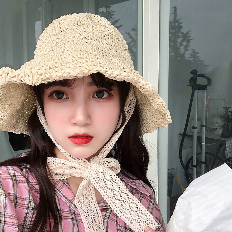 Mũ cói đi biển vành rộng cực xinh có dây buộc MCL02