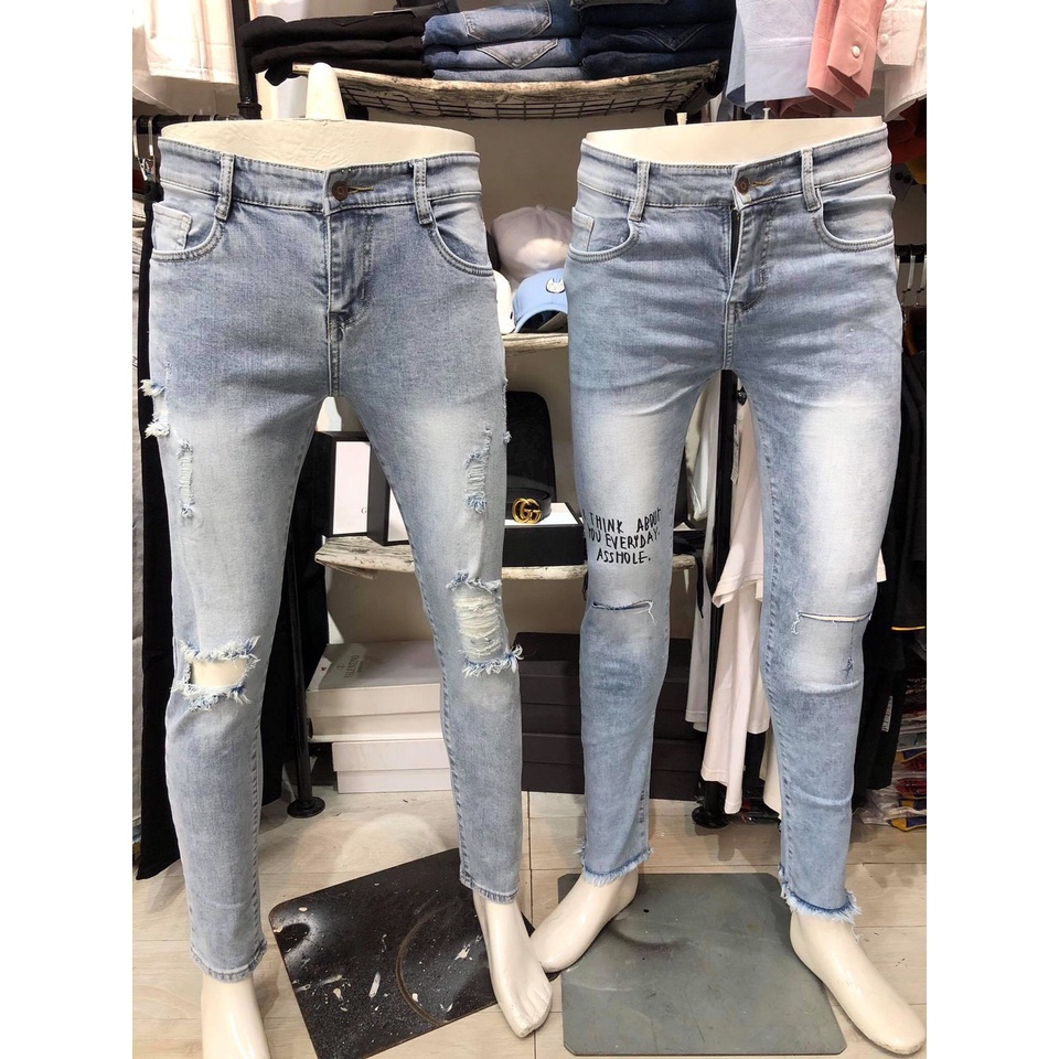 Quần jean nam ống ôm màu xanh trơn rách thêu chữ chất bò co giãn bốn chiều thời trang cao cấp NEWSHOP9600