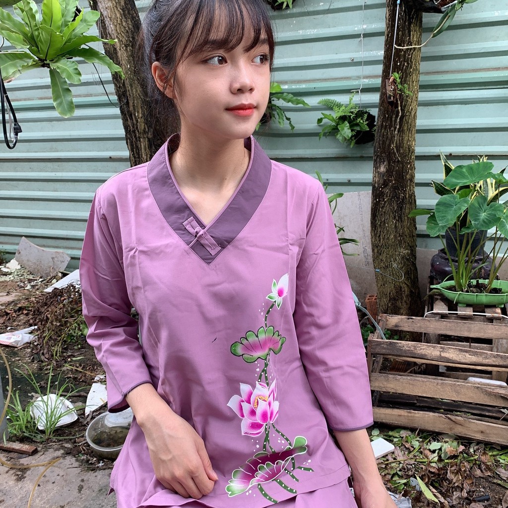Quần áo nữ Phật Tử thêu hoa văn, Đồ Lam Phật Đi Chùa Nữ mẫu một nút vẽ hoa A25A