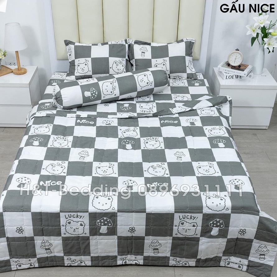 Bộ chăn ga gối Gấu Nice Cotton Poly, Set chăn ga gối Gấu Nice Cotton Poly tặng hạt xả vải