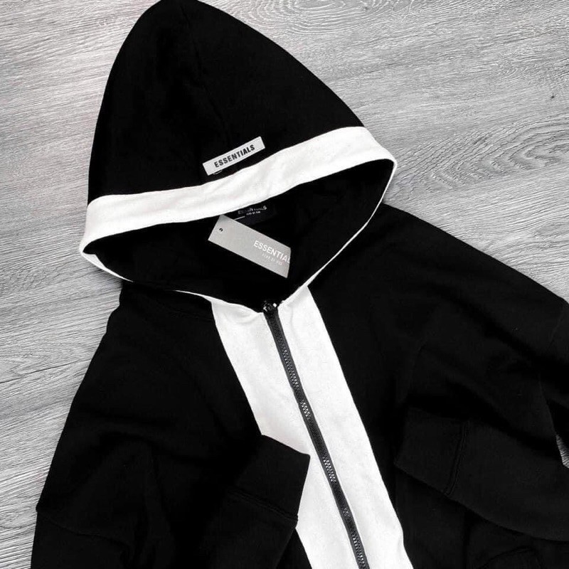 Áo hoodie zip nam ESSENTIALS màu đen viền trắng, form rộng chất nỉ bông dày dặn