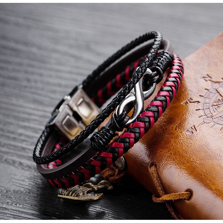 Vòng tay bằng da phối màu đen đỏ phong cách đi tiệc hip hop thời trang dành cho nam
