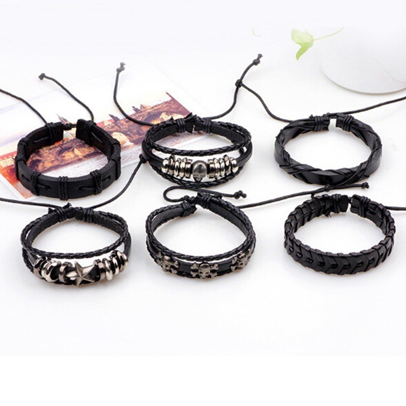 Set 6 vòng tay dây da thiết kế phong cách cổ điển cá tính dành cho nam