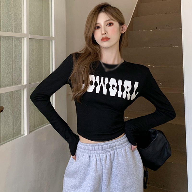 Áo Thun Tay Dài Cổ Tròn In Chữ Dáng Ôm Thời Trang Mùa Thu Quyến Rũ Cho Nữ