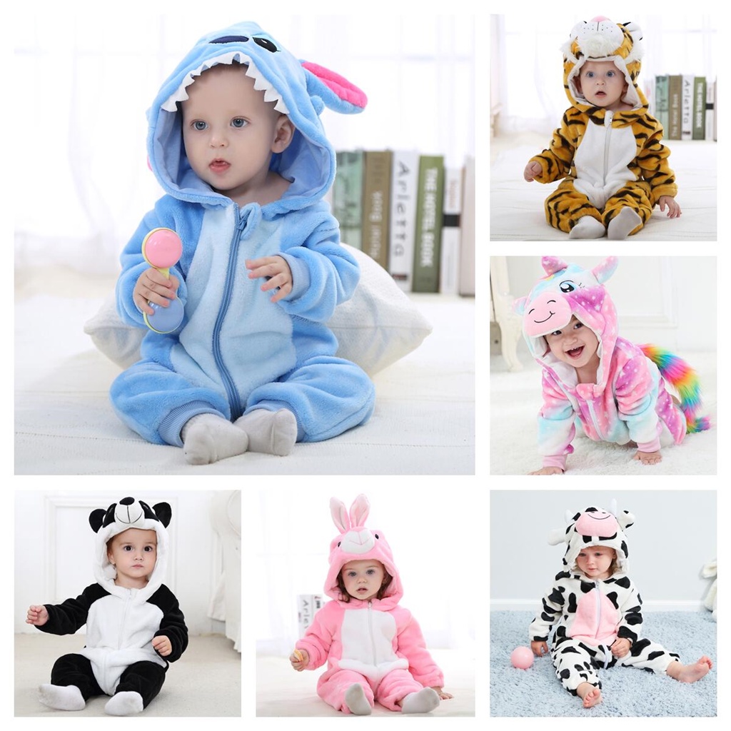 Bộ Áo Liền Quần Tay Dài In Hoạt Hình Gấu Trúc Stitch Thời Trang Mùa Đông Xinh Xắn Cho Bé Sơ Sinh