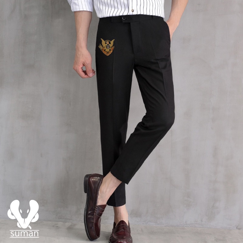 Quần tây nam Logo đính đá vải tuyết hàn co giãn nhẹ ống côn âu cao cấp thêu hoạ tiết thời trang JUNSU