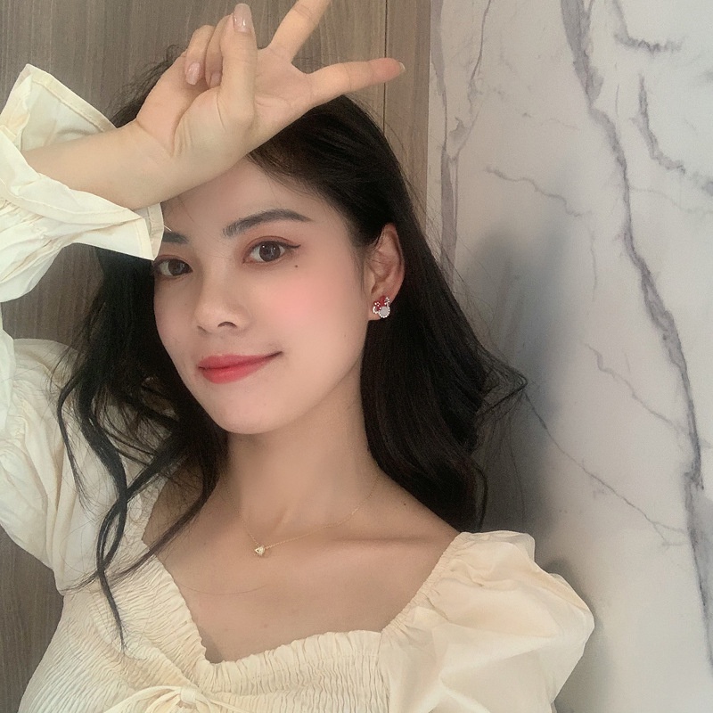 Bông tai bạc 925 hình chuột Mickey và nơ đỏ dễ thương