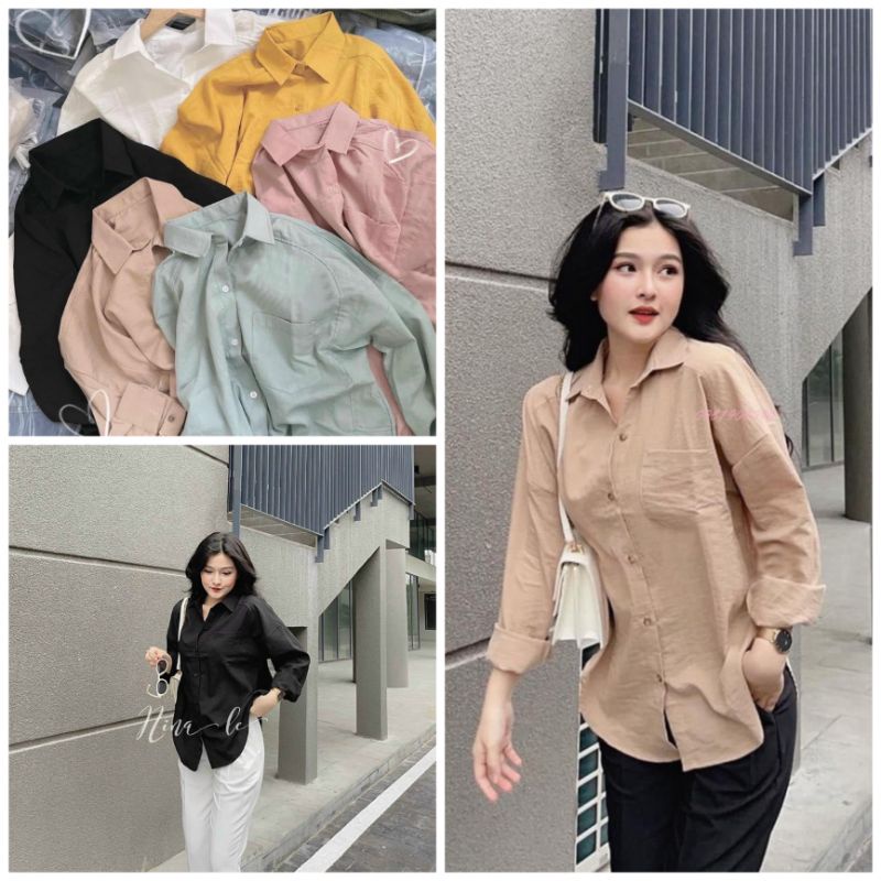 Áo sơ mi nữ dài tay đi học, áo nữ màu trắng, đen, xanh, kem vải đũi lụa trendy 2023.