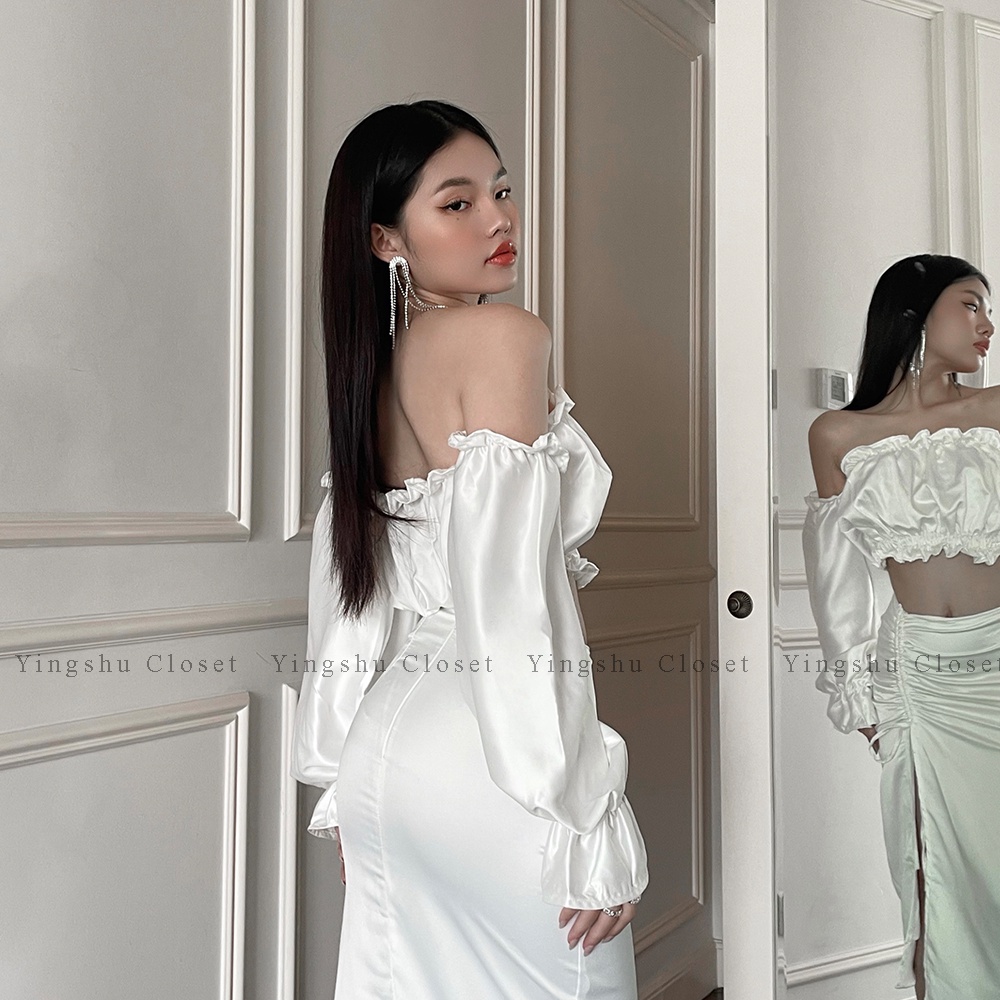 Áo croptop trắng cúp ngực tay dài
