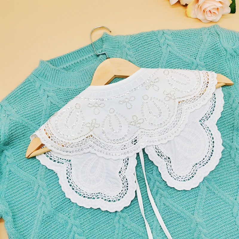 Cổ Áo Giả Khăn Choàng Trắng Đính Hạt Kim Sa Hình Bướm Thêu Hoa Lấp Lánh Cho Nữ