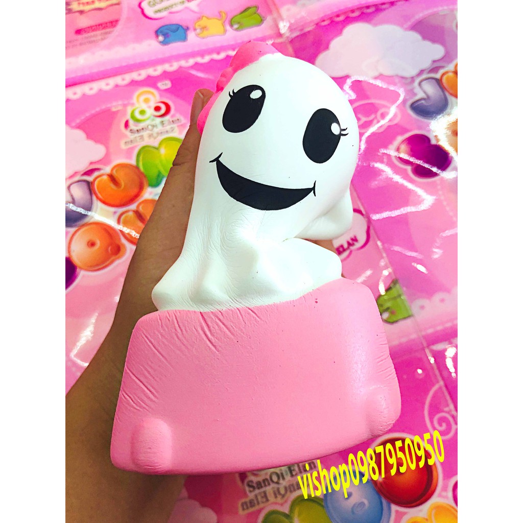 đồ chơi squishy búp bê đeo nơ hồng kèm bao bì chính hãng