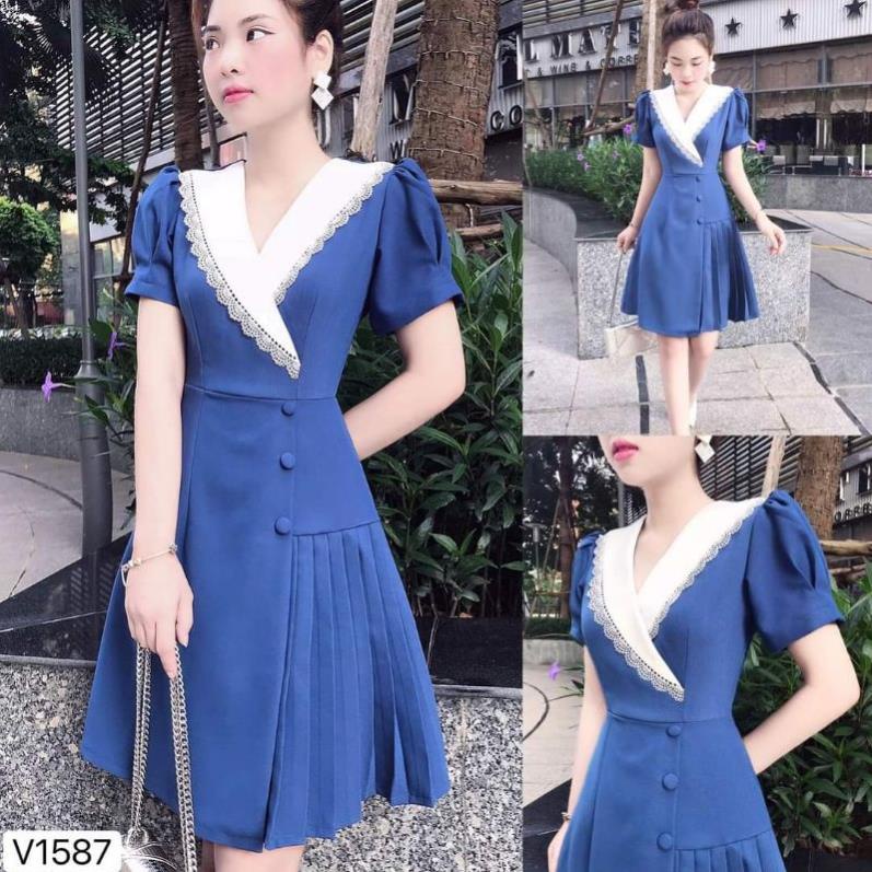 SALE TẾT Váy xòe cổ vest chân xếp ly màu xanh coban
