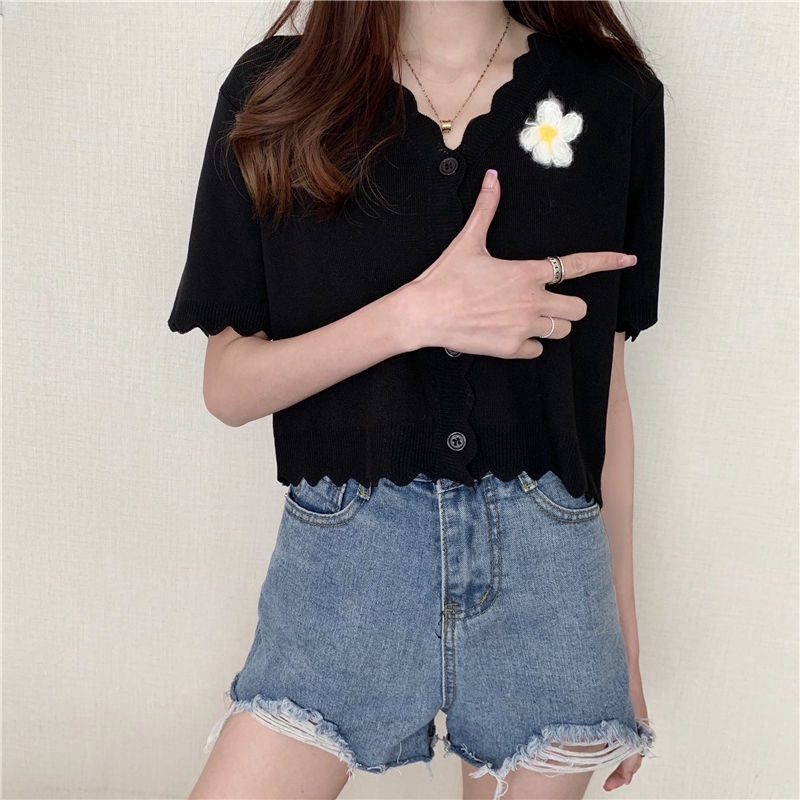 Crop Top Korean Style Wavy Knitted Short-sleeved Top Cardigan Chrysanthemum