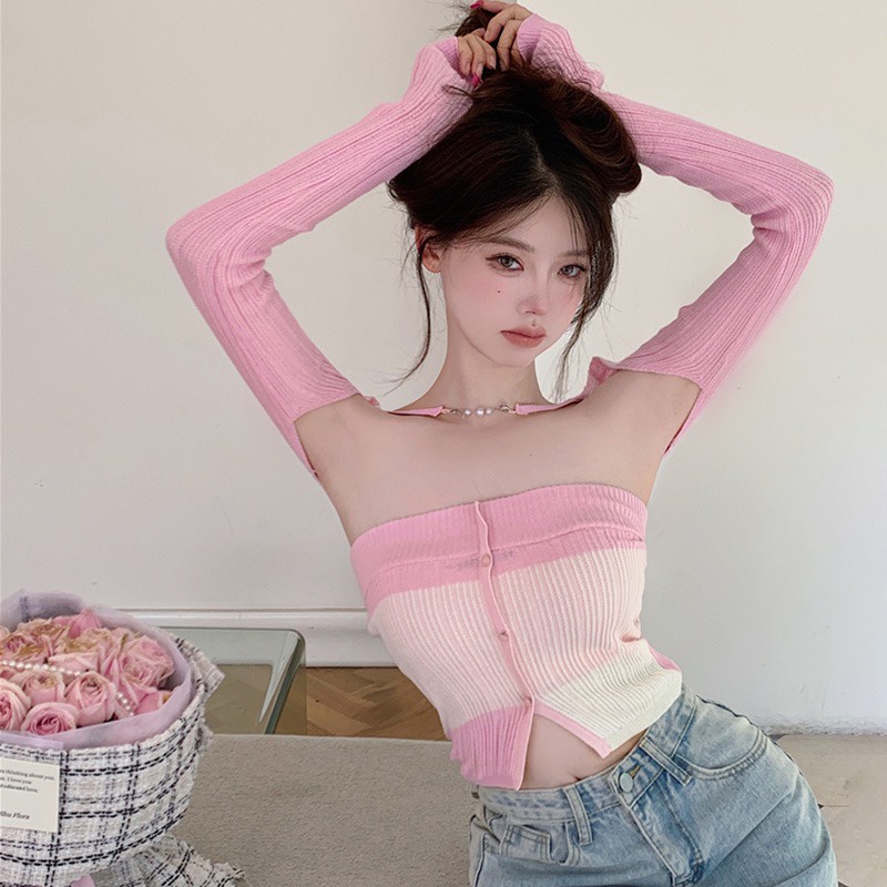 Bộ 2 Món Áo Hai Dây + Áo Choàng Dệt Kim Lụa Mát Tay Dài Chống Nắng Dáng Ôm Gợi Cảm Cho Bạn Gái