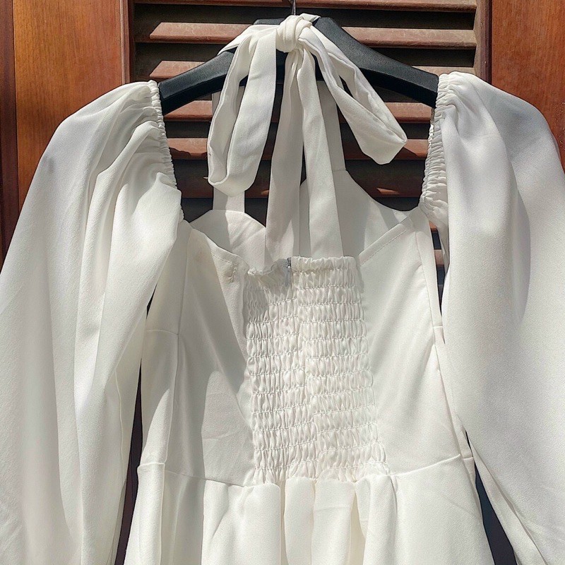 Đầm Xinh WELINA DRESS thiết kế búp tay bồng cột nơ tạo điểm nhấn sau lưng bo chun co giãn chất vải lụa dày dặn