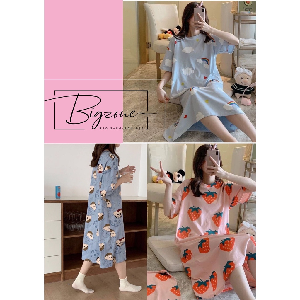Váy Ngủ Nữ Cộc Tay Đầm Ngủ Dễ Thương Dáng Suông Bigsize Chất Cotton Mềm Mại Họa Tiết Hoạt Hình VN203