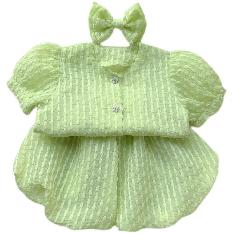 Bộ Áo Thun Tay Ngắn Màu Trơn + Chân Váy + Nơ Thời Trang Hè Hàn Quốc 2023 Mới Cho Bé Gái