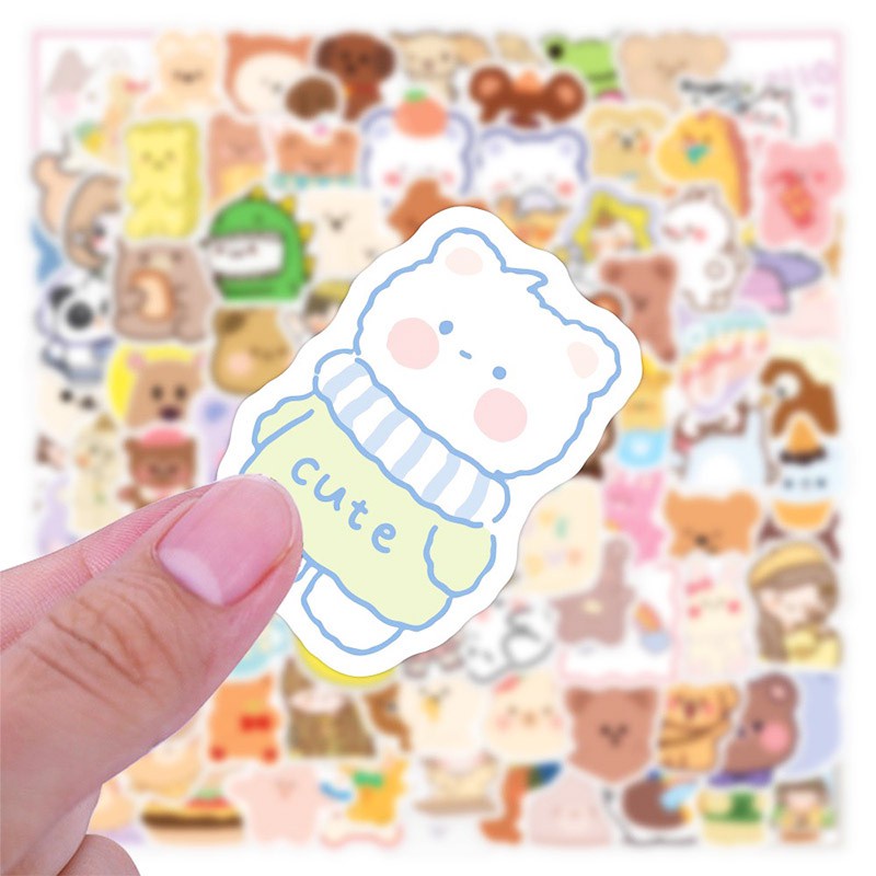 Set 100 chiếc sticker chống thấm nước hình gấu nhiều màu dễ thương dán nón bảo hiểm, laptop, vali, decor