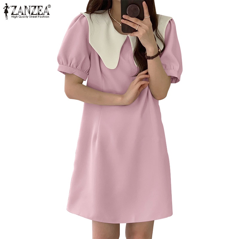 Đầm mini Zanzea tay phồng có khóa kéo phía sau phong cách Hàn Quốc thời trang cho nữ