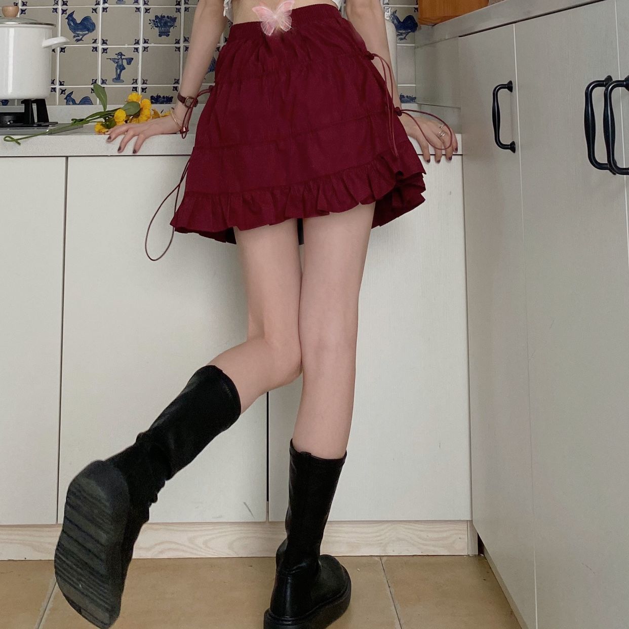 French Retro Sweet Girl Red High-Waist Slimming Short Skirt Elastic Waist Skirt 2021 | BigBuy360 - bigbuy360.vn