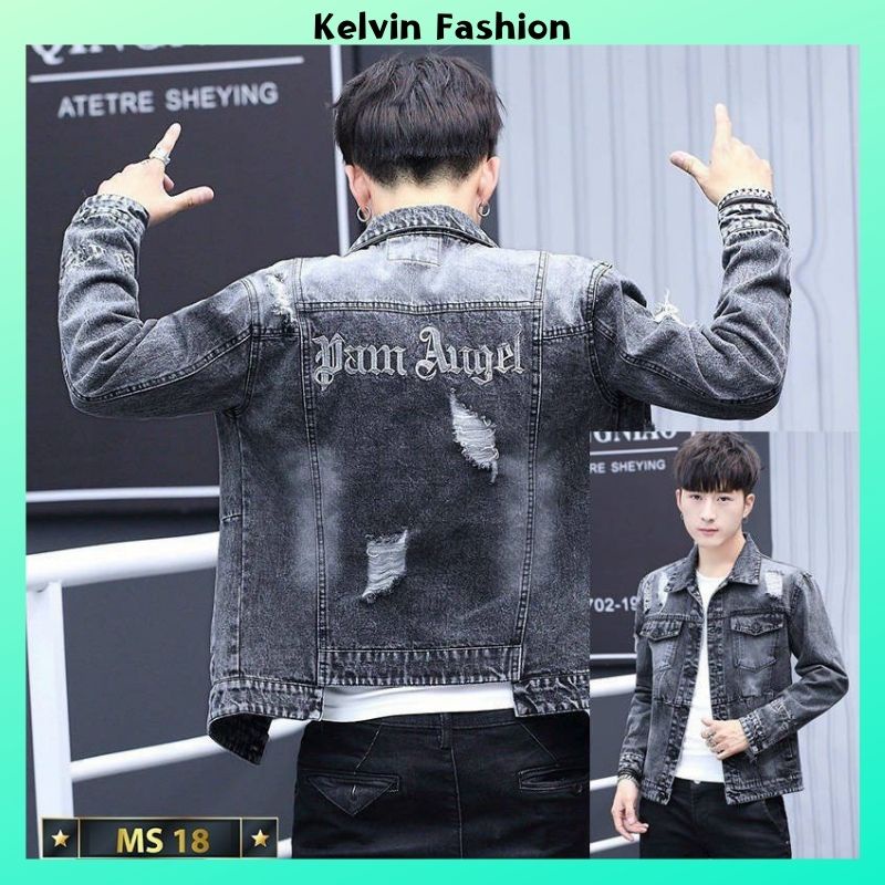 Áo khoác jean nam co giãn màu đen phối rách, áo khoác bò nam cao cấp chuẩn dáng thời trang Kelvin Fashion - AKN18