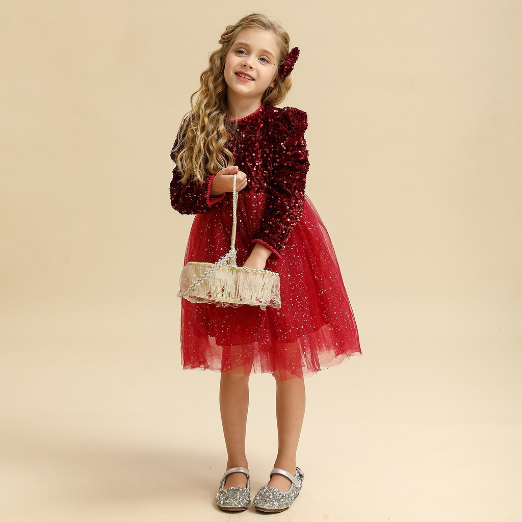 Đầm công chúa tay dài đính kim sa lấp lánh thời trang năm mới dành cho bé gái