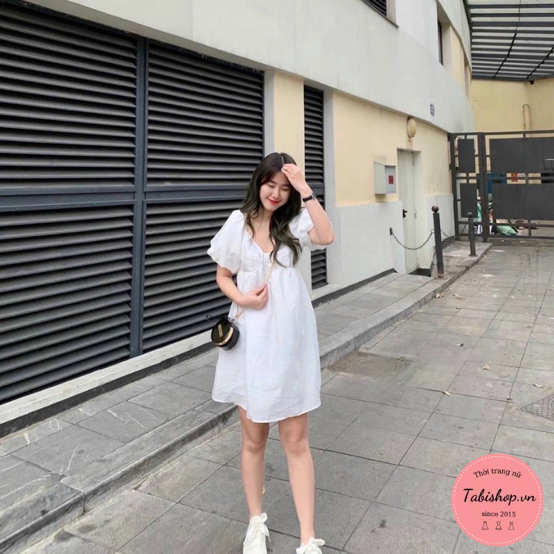 Váy nữ màu trắng đầm babydoll cổ V tay phồng hàng may 2 lớp siêu xinh | BigBuy360 - bigbuy360.vn