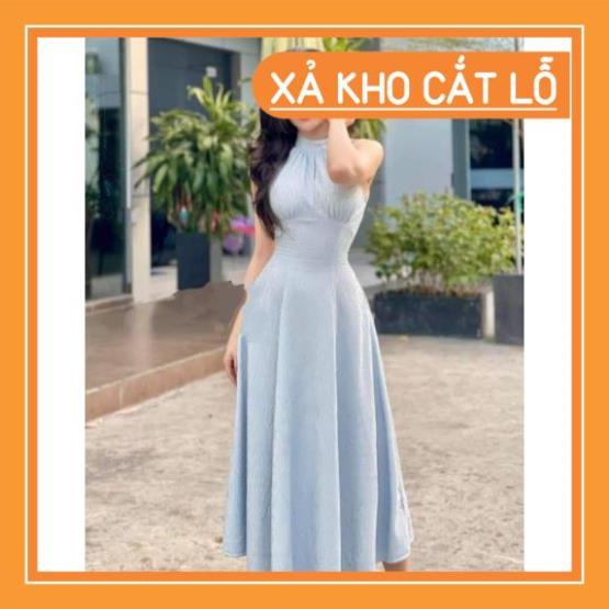 [Quần Áo Hot] Đầm dự tiệc cổ yếm vải thanh gỗ siêu hot 2021