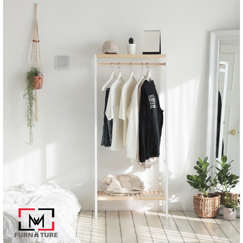 Tủ treo quần áo chữ nhật gỗ thông nhập khẩu - Shelf hanger màu trắng phối gỗ MW FURNITURE - Nội thất phòng ngủ