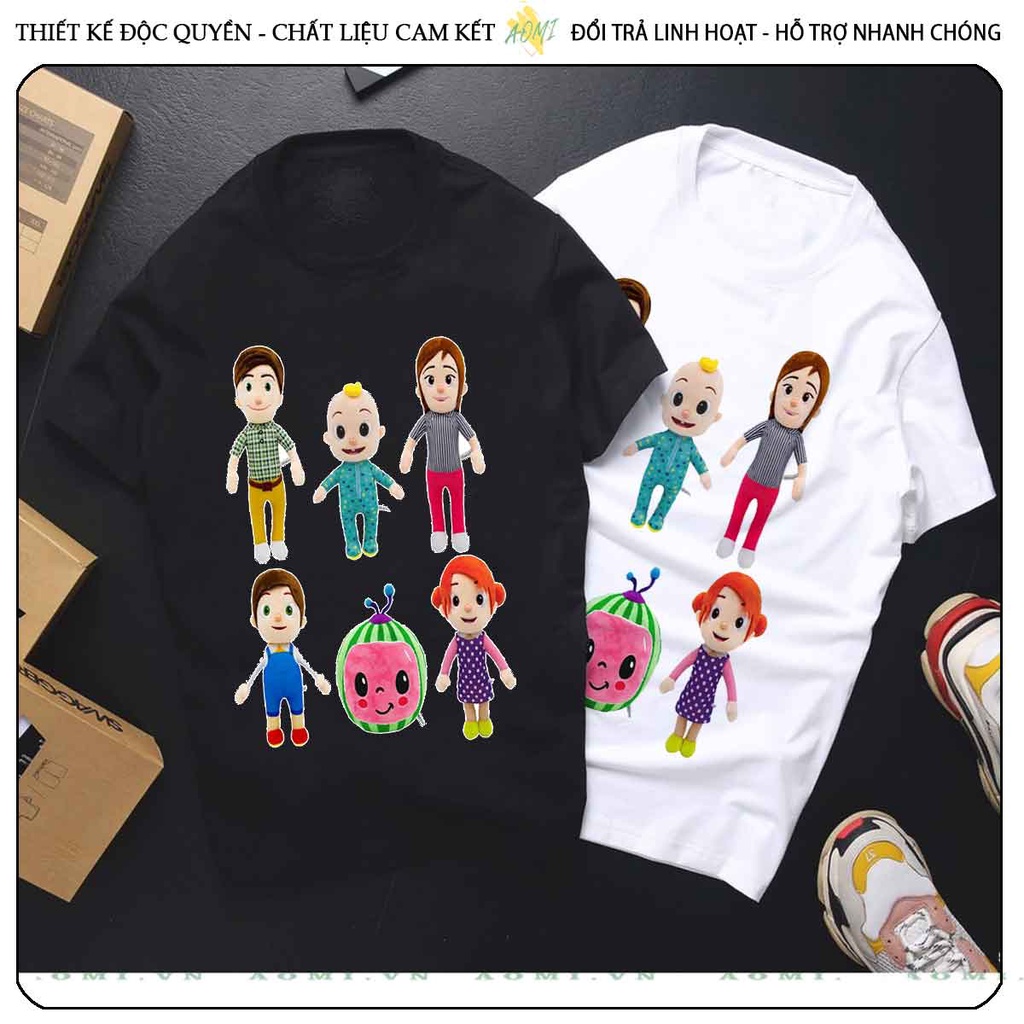 ÁO THUN HOẠT HÌNH cocomelon UNISEX PHÔNG ĐEN TAY NGẮN NAM NỮ GIA ĐÌNH CẶP ĐÔI SIZE TRẺ EM BÉ TRAI GÁI AOMIVN