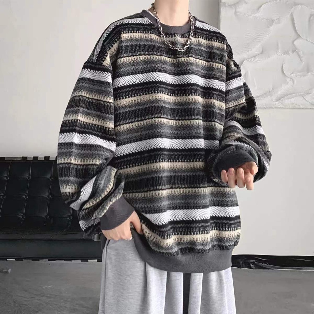 Áo Sweater Dáng Rộng Cổ Tròn Họa Tiết Kẻ Sọc Phong Cách Vintage Hàn Quốc Cho Nam