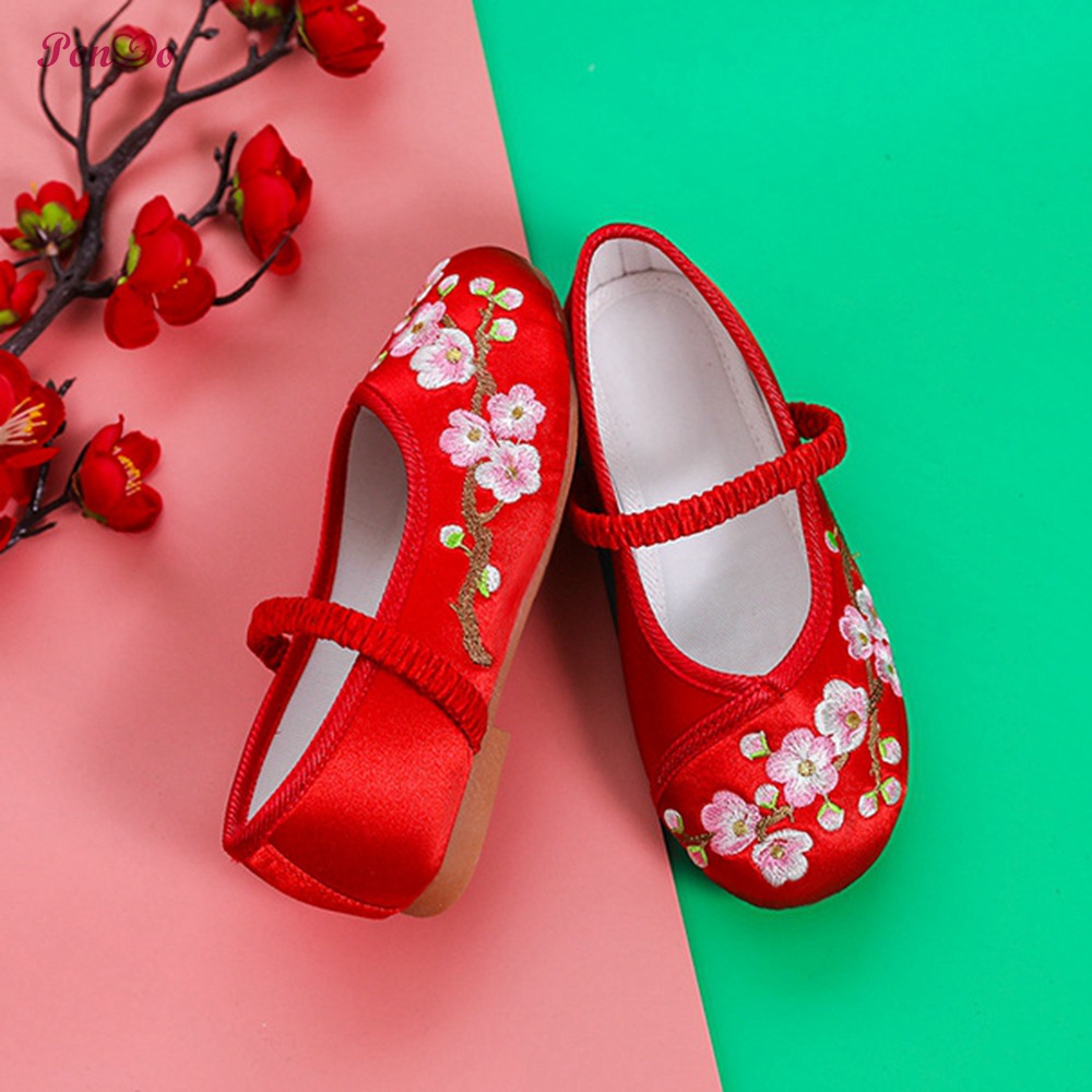 Giày búp bê đế bằng thêu hoa mận phong cách Trung Hoa cổ điển size 25-36 cho bé gái