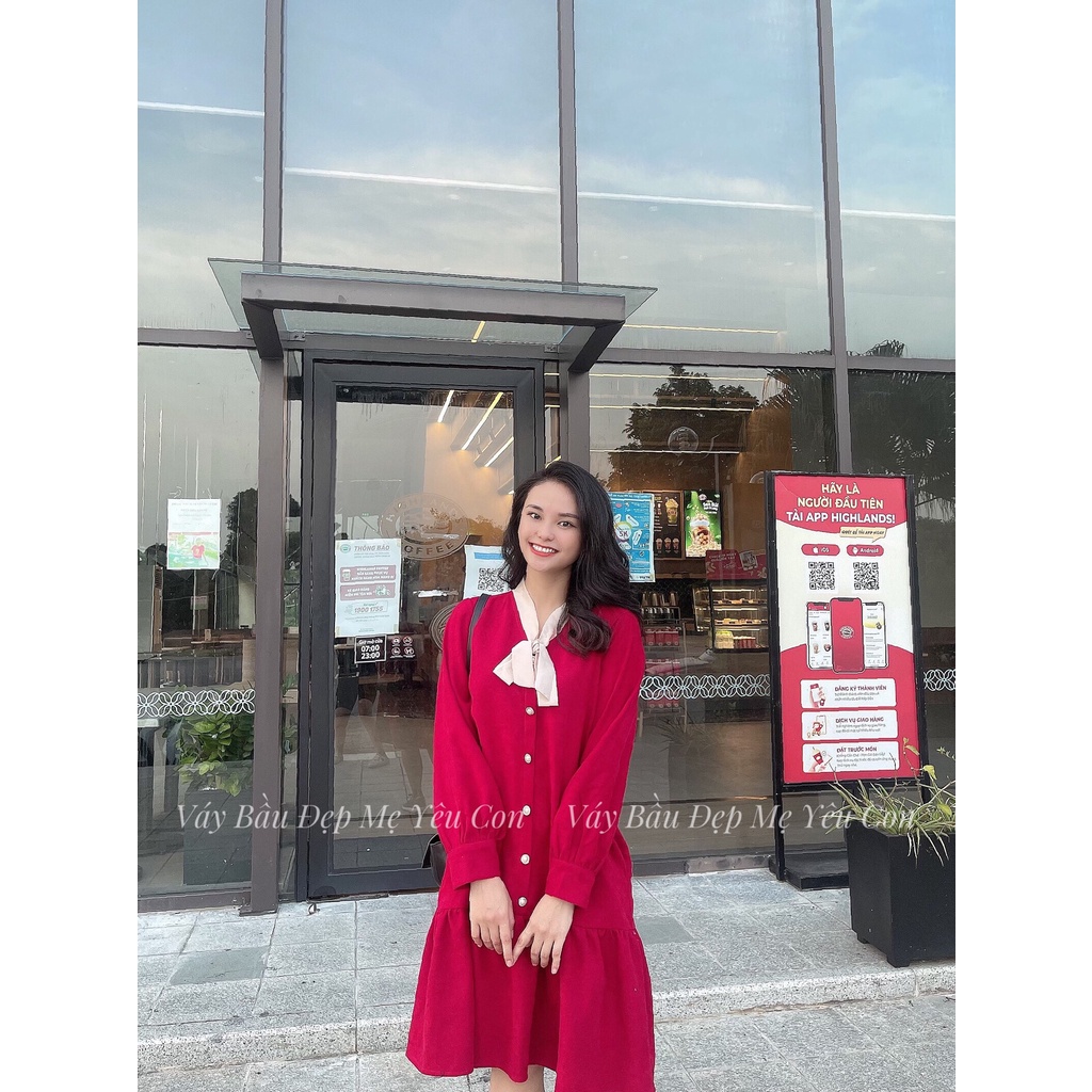 Đầm bầu công sở Váy bầu đẹp nhung tăm vân gỗ phối cổ nơ be MYC 259