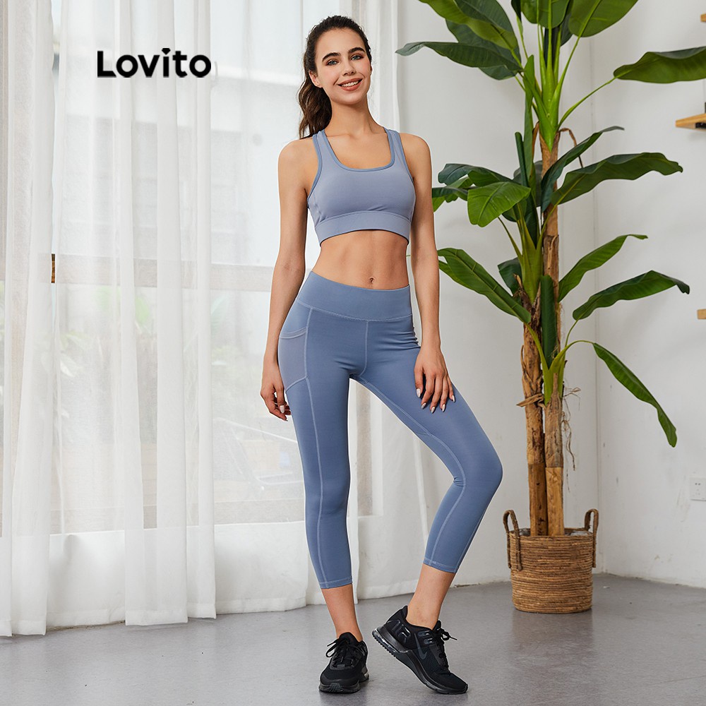 Quần legging Lovito có túi nhanh khô phong cách thể thao L03051 (màu xanh dương/đen/Xám/Đỏ) | BigBuy360 - bigbuy360.vn