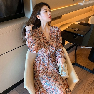 NEW Đầm Maxi Chất Liệu Vải Voan Hoạ Tiết Hoa Cổ V Tay Dài Size S-3Xl